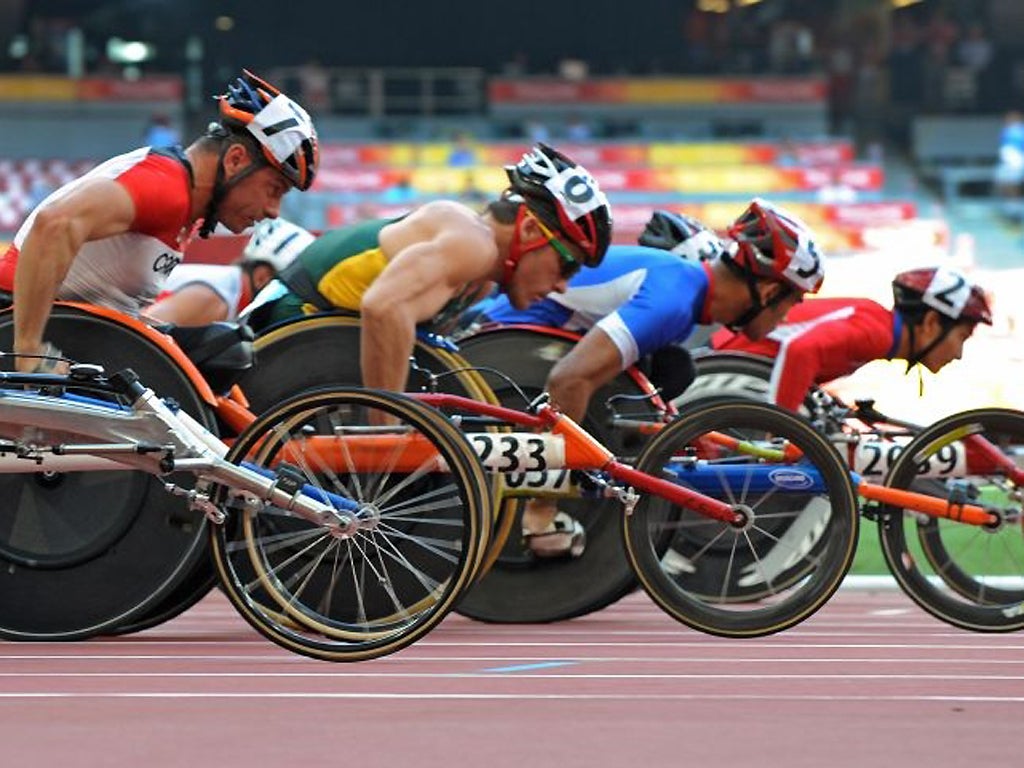 The racers in the men’s 1,500m T54 classification event at the 2008 Beijing Paralympic Games