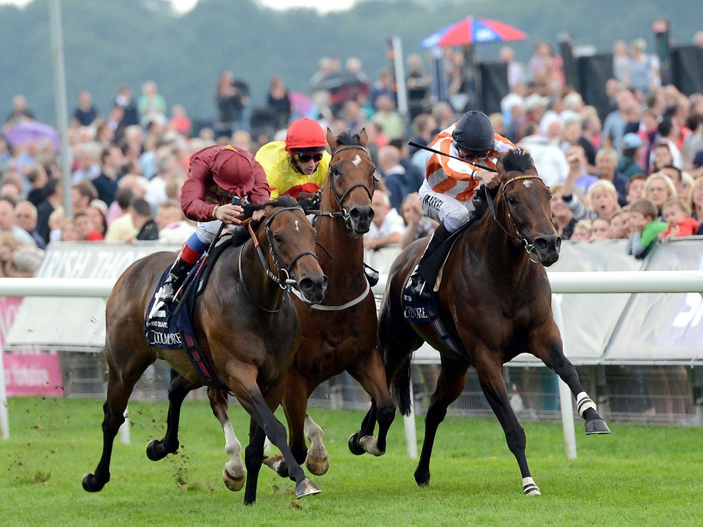 Ortensia (right), ridden by William Buick, on her way to victory
in the Nunthorpe yesterday