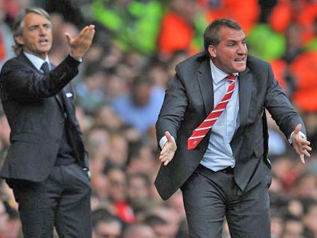 Brendan Rodgers and Roberto Mancini in animated moods yesterday