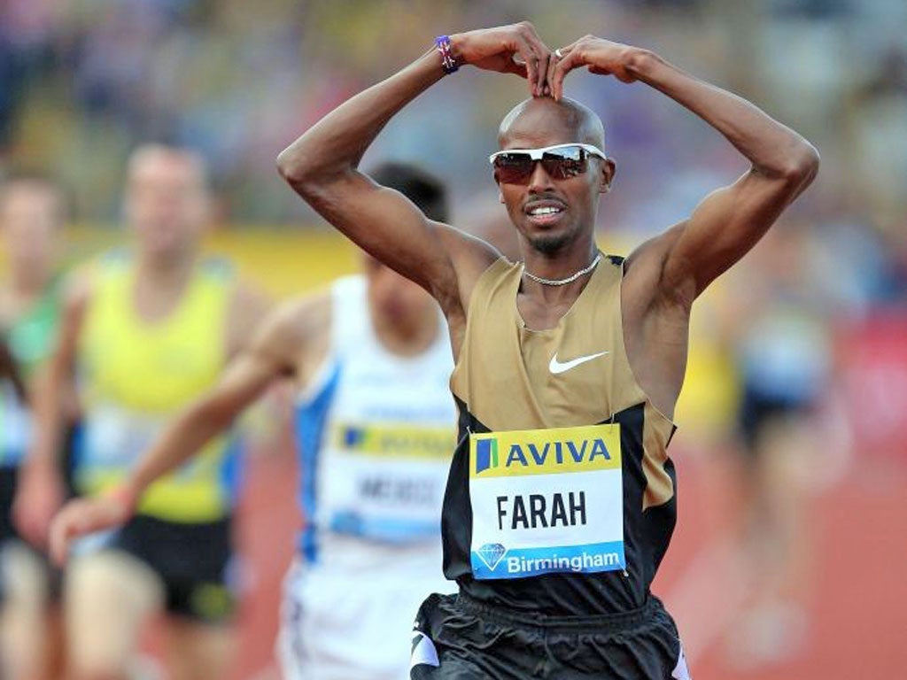 Mo Farah does his trademark ‘Mobot’ following his win in yesterday’s two-mile race