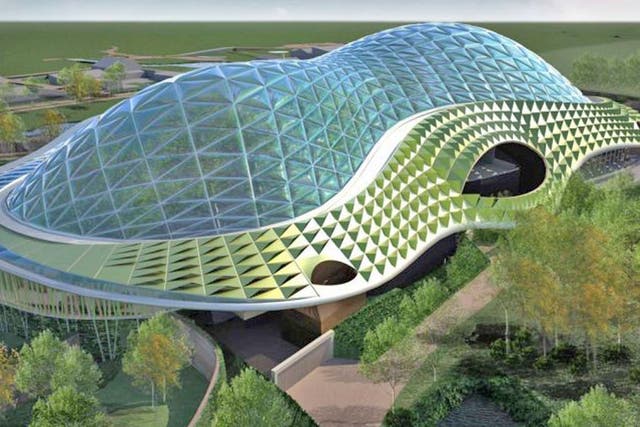 A rendering of the new African biosphere at Chester Zoo. The
approved redevelopment within the green belt includes a hotel