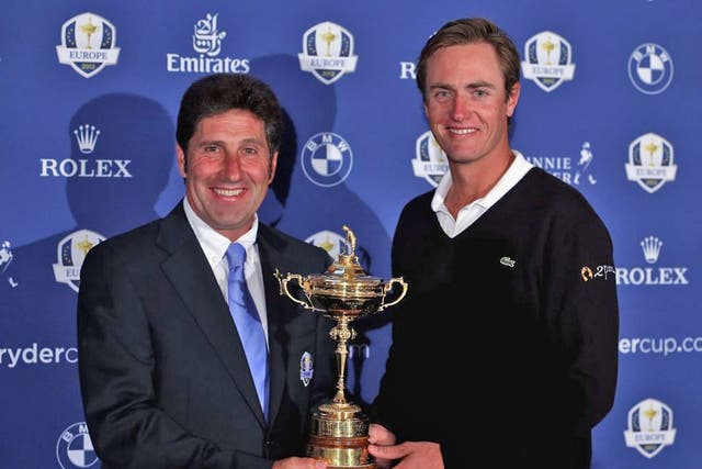 Jose Maria Olazabal (left) and Nicolas Colsaerts pose with the Ryder Cup