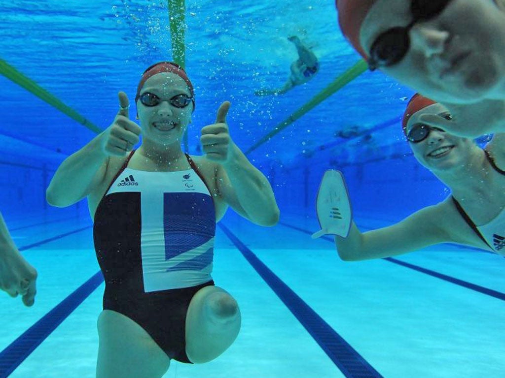 Great Britain Paralympian Charlotte Henshaw and teammates during a training session at the Aquatics Centre in Stratford