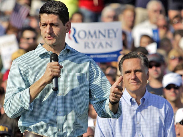 <p>Paul Ryan and Mitt Romney are pictured at an appearance in Ohio during the 2012 presidential election  </p>