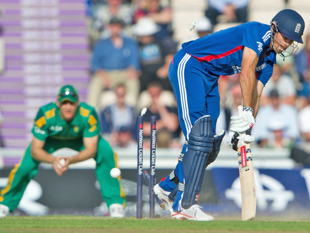 Captain Alastair Cook is bowled for a duck as England’s reply begins disastrously