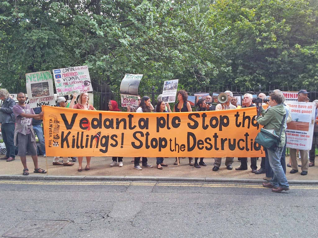 Protesters gathered outside Vedanta's AGM in London yesterday