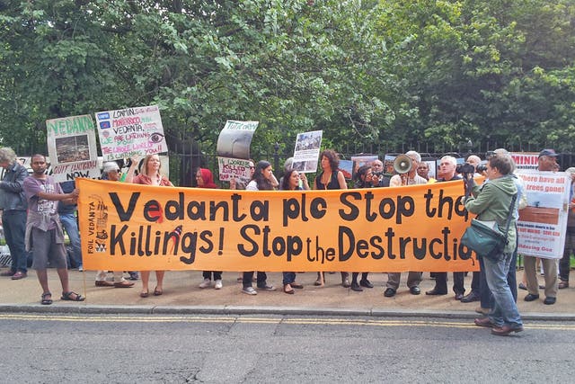 Protesters gathered outside Vedanta's AGM in London yesterday