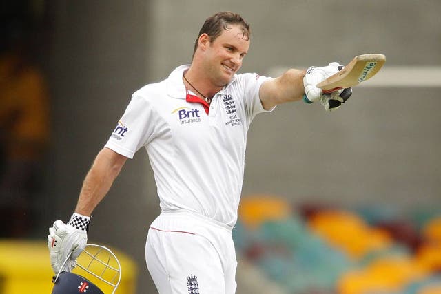 Andrew Strauss celebrates his century in the first Ashes Test back in 2010