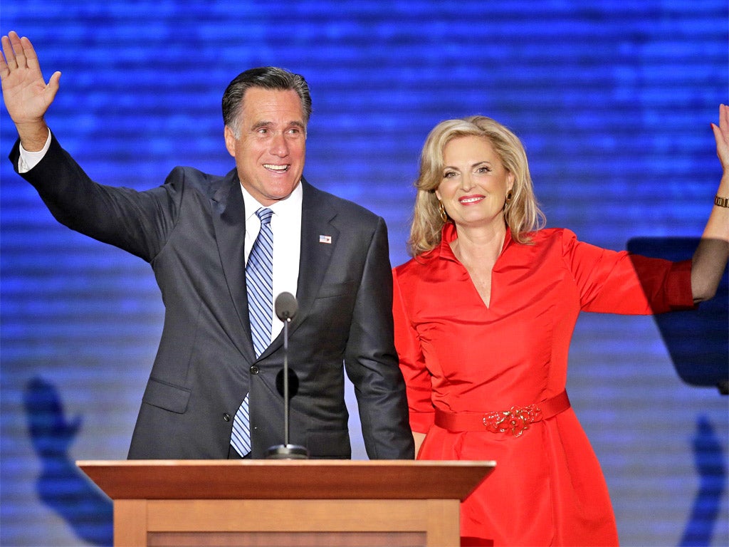 Republican presidential nominee Mitt Romney waves with his wife Ann during the Republican National Convention in Tampa