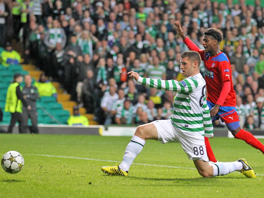 Gary Hooper scores Celtic’s first goal as they reach the group stage