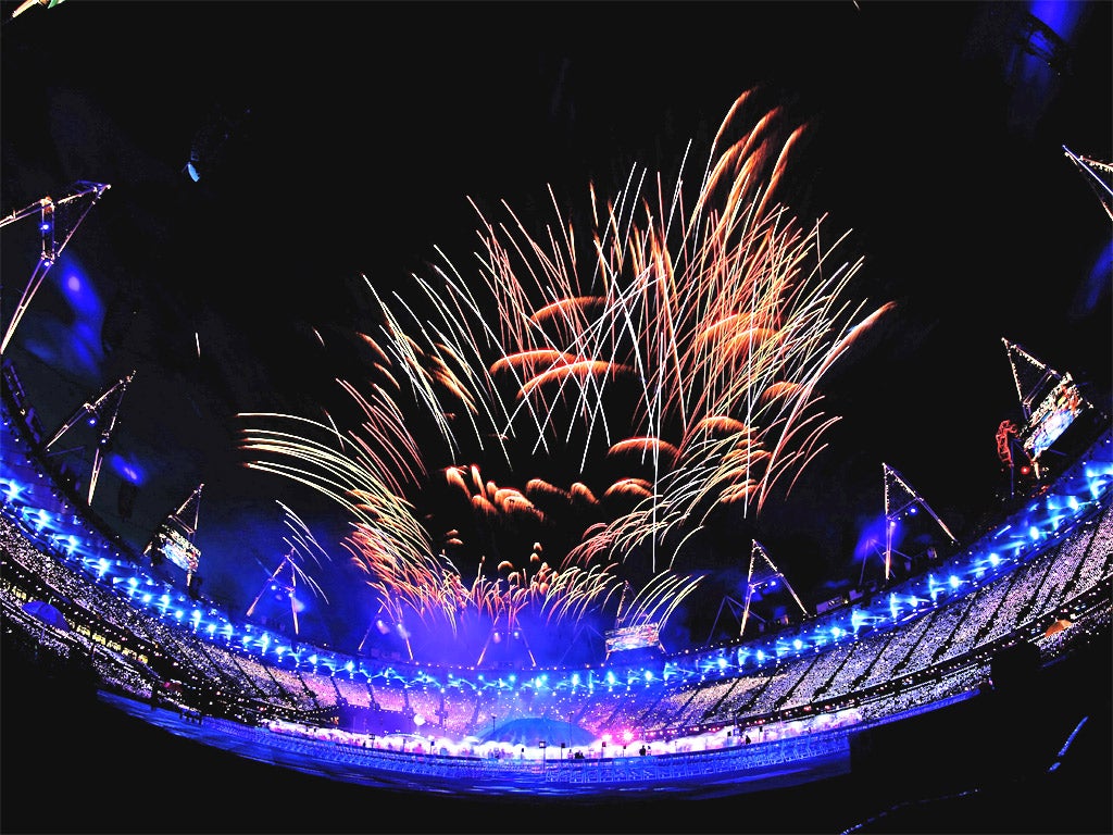 Fireworks light up the sky above Olympic Stadium during the Opening Ceremony of the 2012 Paralympics last night in London