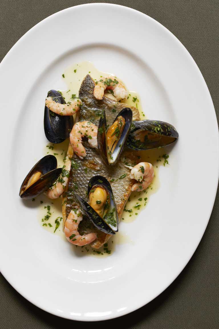 Sea bass with mussels and prawns