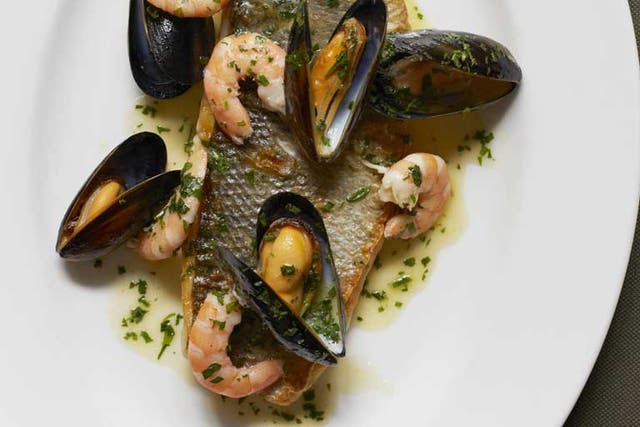 Sea bass with mussels and prawns