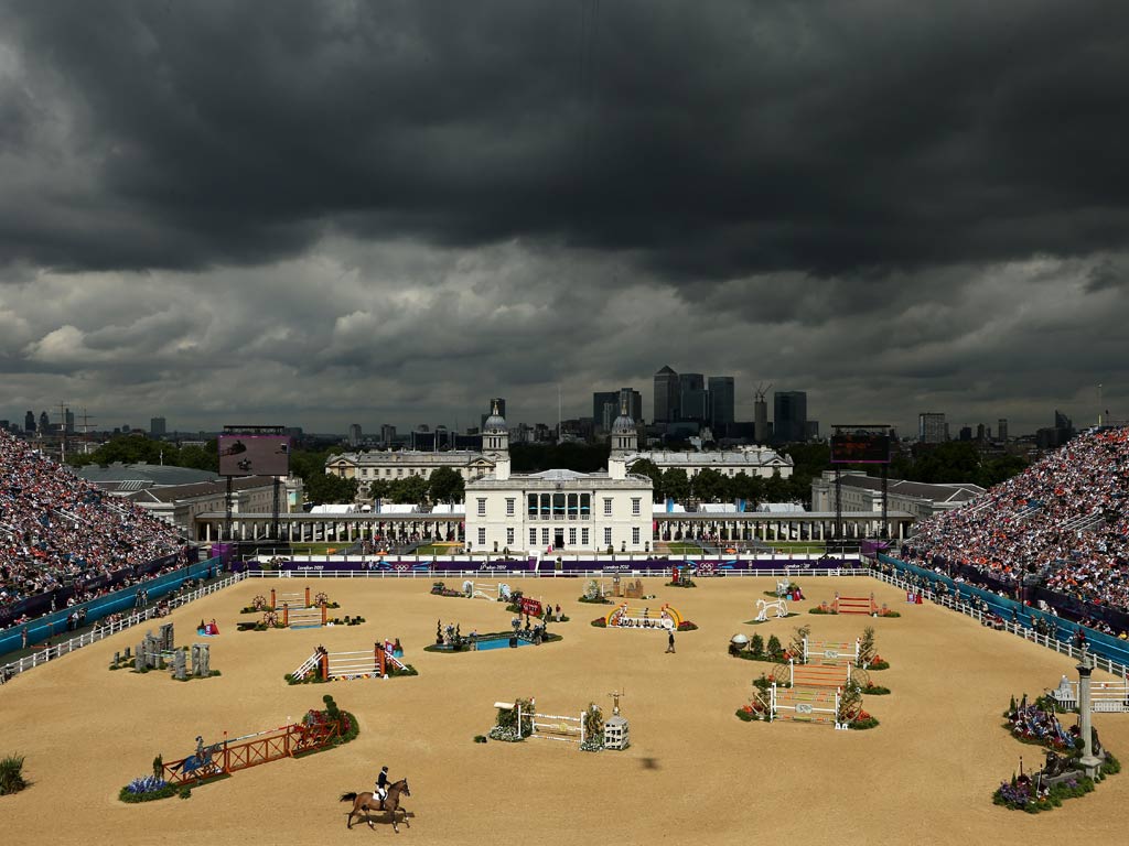 A view of Greenwich Park's main arena, which is open to the elements, during the Olympics