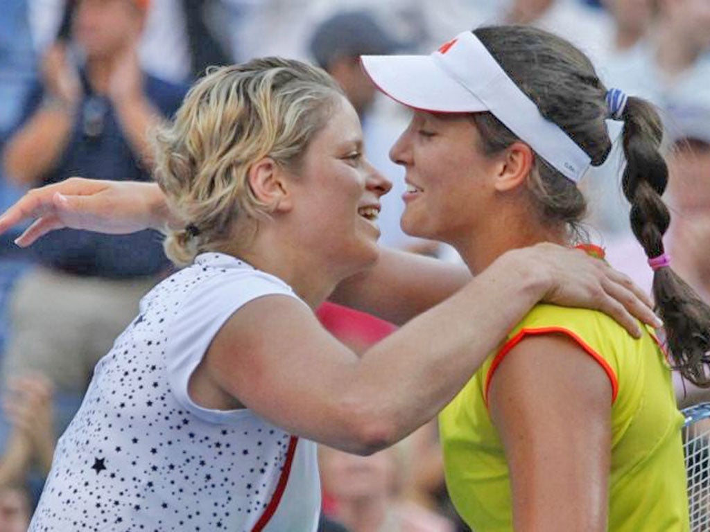 Kim Clijsters congratulates Laura Robson after her victory in the second round of the US Open