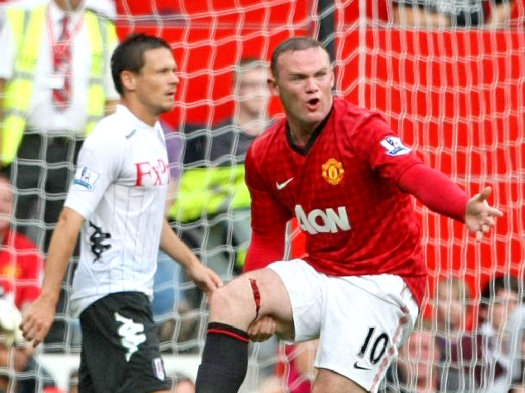 Wayne Rooney appeals to the referee after receiving his nasty gash against Fulham last Saturday