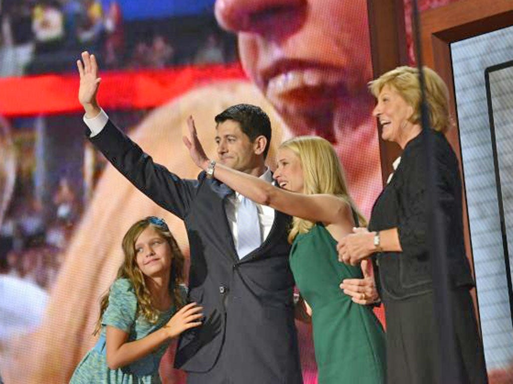 Paul Ryan with wife Janna, mother Betty Ryan Douglas, son Charlie and daughter Liza on the convention centre stage