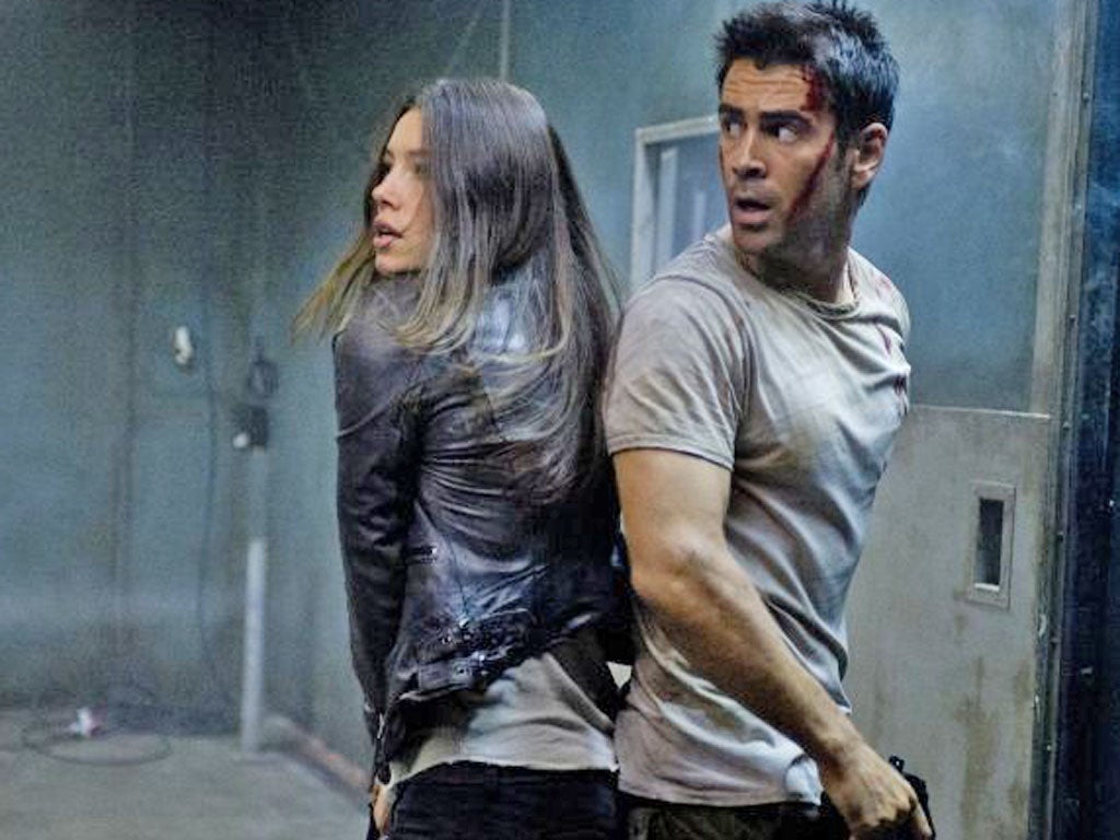 Jessica Biel and Colin Farrell in the dull remake of ‘Total Recall’