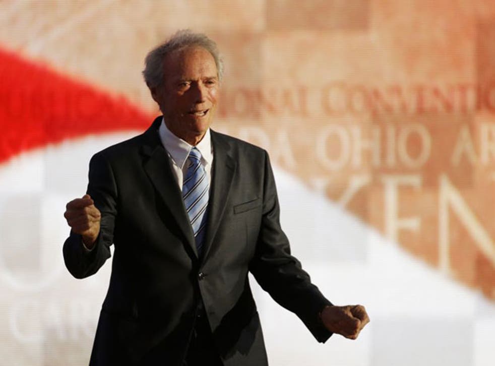 Actor Clint Eastwood leaves the stage after speaking to delegates during the Republican National Convention in Tampa