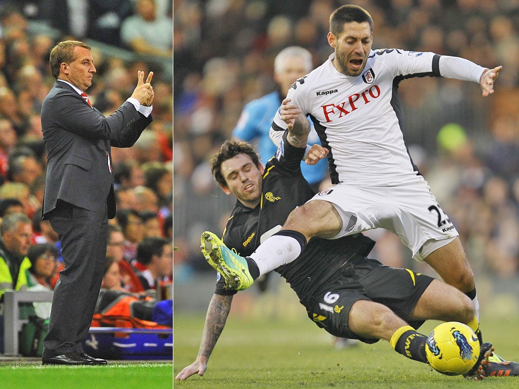 Brendan Rodgers (far left) was last night on the brink of signing
Clint Dempsey