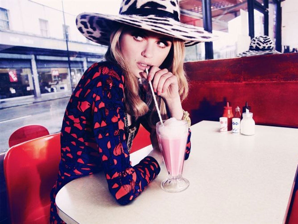 Dress £578, Issa London, issalondon.com; necklace price on application, Maria Grachvogel, 020-7245 9331; bracelet £320, Lara Bohinc, larabohinc.com; hat from a selection, Beyond Retro, beyondretro.com