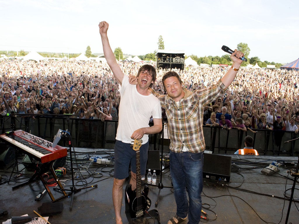 Alex James and Jamie Oliver on stage at The Big Feastival