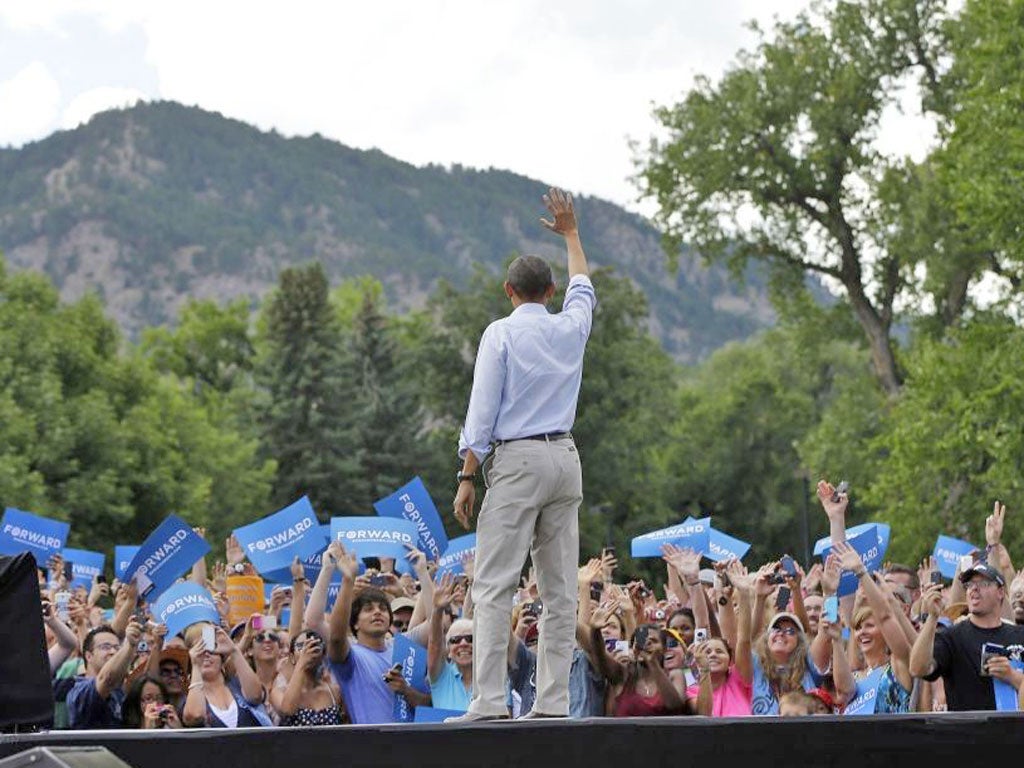 Barack Obama campaigns in Boulder, Colorado, yesterday, ahead of the Democrats’ convention in Charlotte