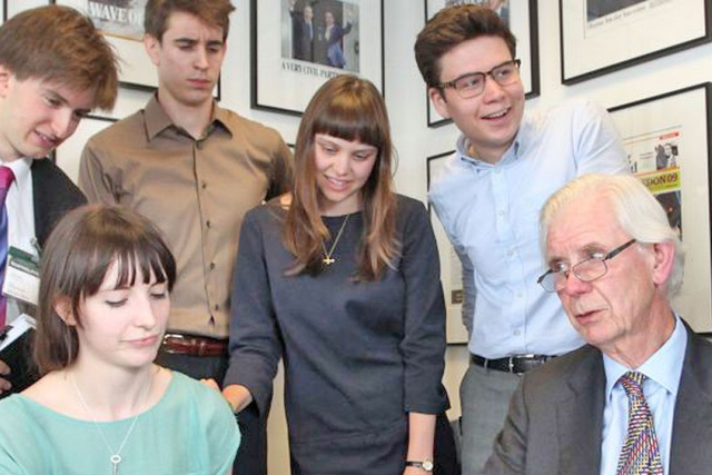 The Independent’s founding editor Andreas Whittam Smith with the
newspaper’s intern students