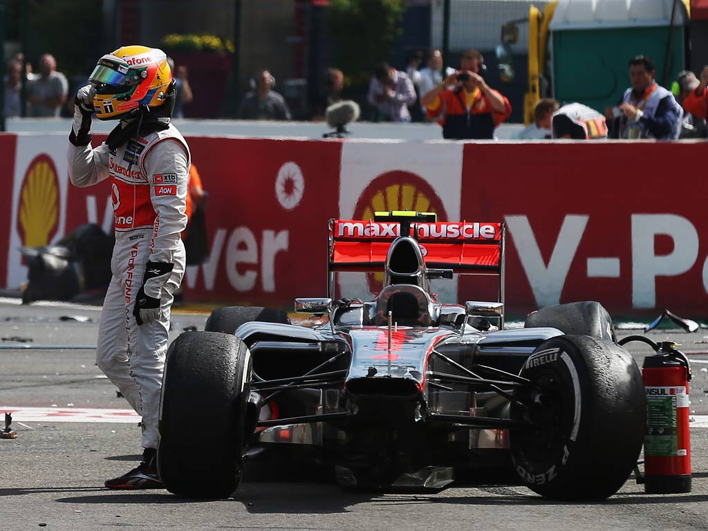 Lewis Hamilton following a first corner crash at Spa