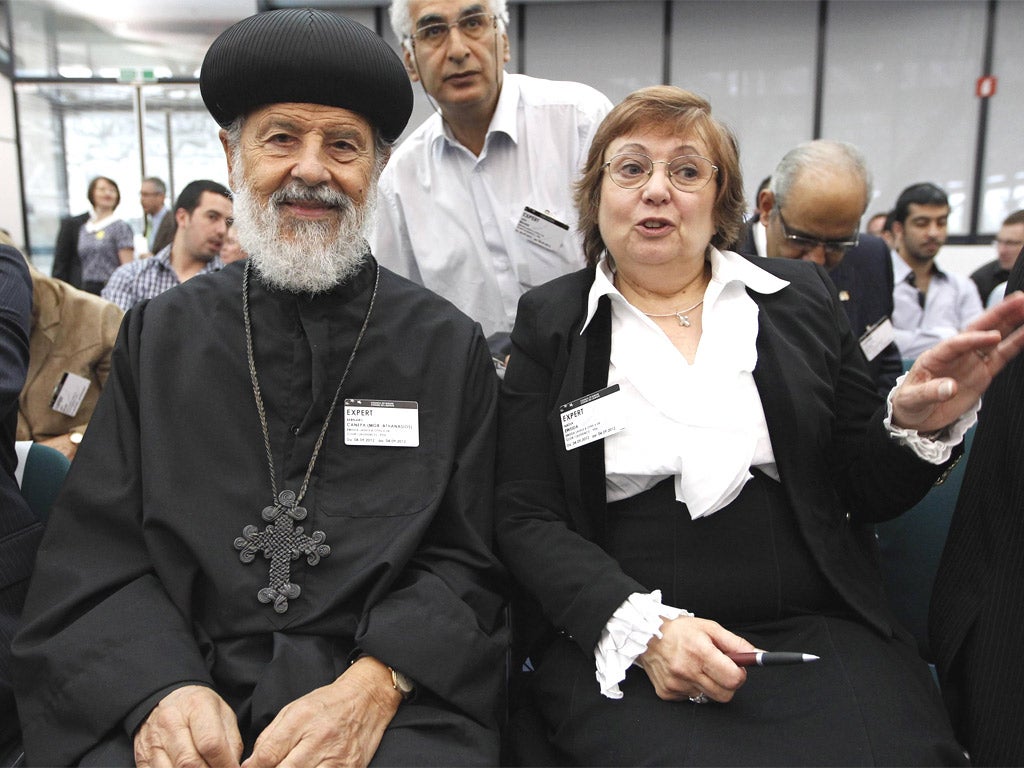 Nadia Eweida with Bishop Athanasios Canepa at the European Human Rights Court in Strasbourg yesterday