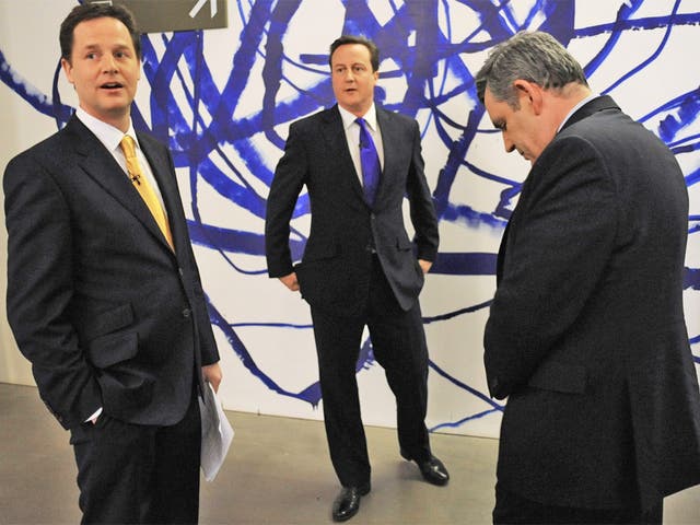 Nick Clegg, David Cameron and Gordon Brown prior to a live televised debate in 2010