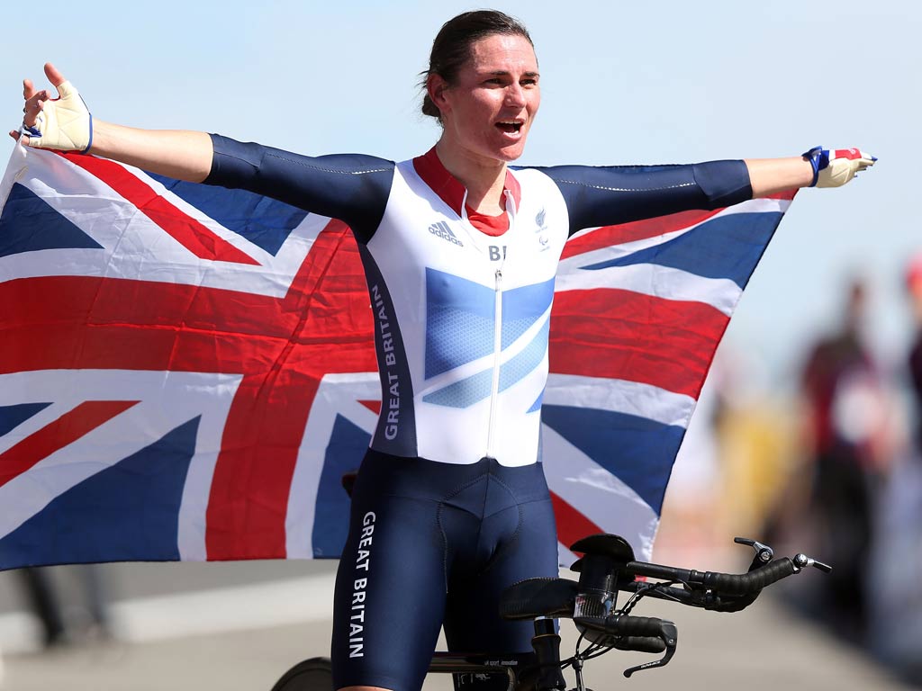 Sarah Storey celebrates her third gold medal
