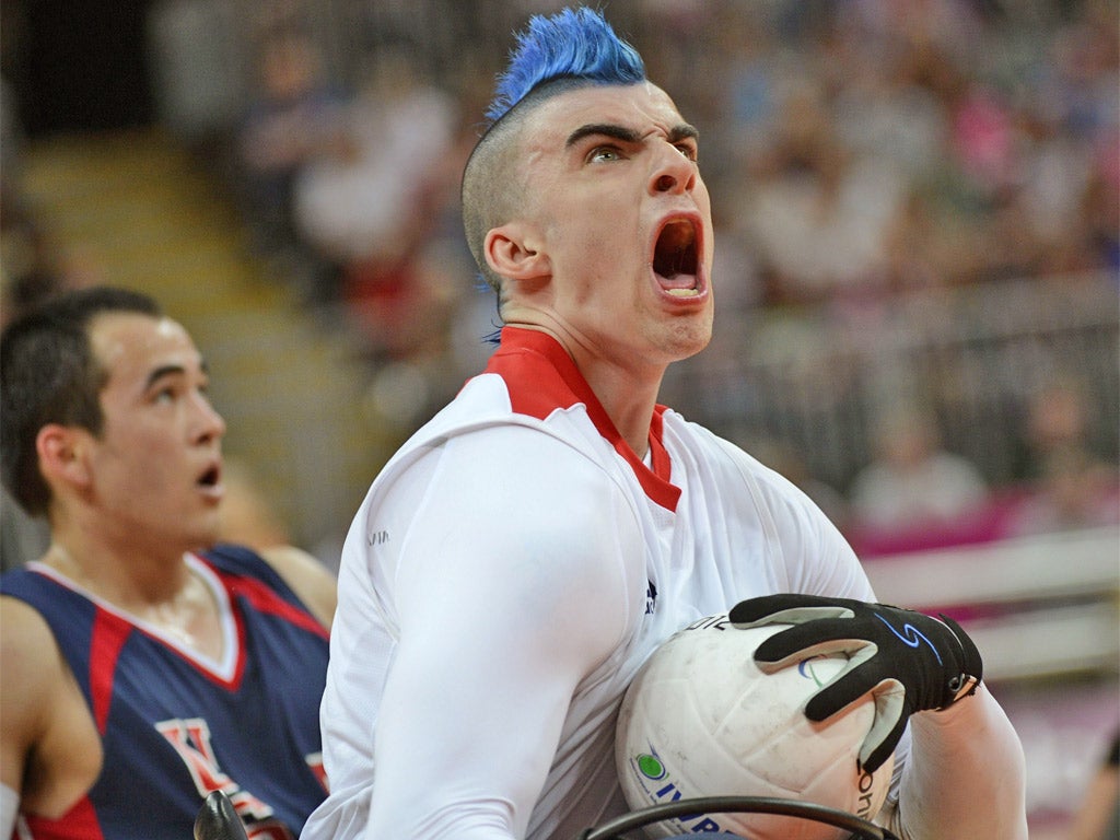 Great Britain's David Anthony competes in the wheelchair rugby against the United States