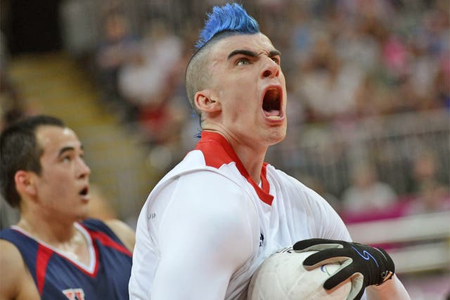 Great Britain's David Anthony competes in the wheelchair rugby against the United States