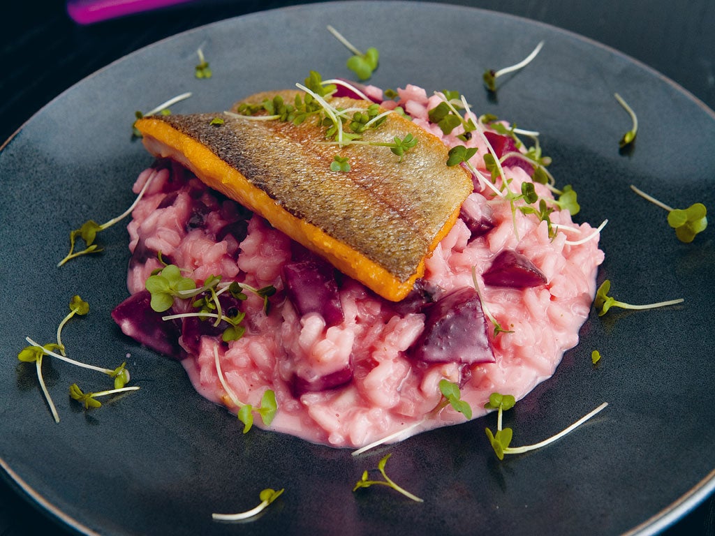 Beetroot and horseradish risotto with trout by Ben Ebbrell