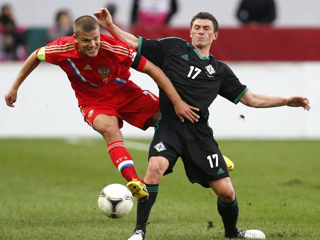 Russia’s Igor Denisov, left, battles for the ball with Corry Evan
