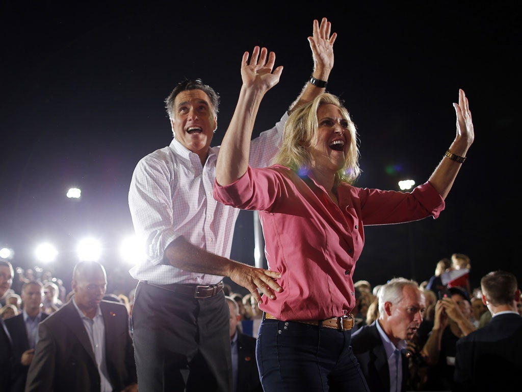 September 7, 2012: Republican presidential candidate and former Massachusetts Governor Mitt Romney and his wife Ann wave to the crowd at the end of a campaign rally in Nashua, New Hampshire.