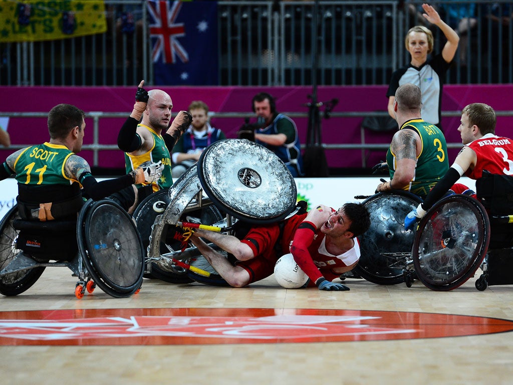 <b>Murder on the sports floor</b>
<br />It is called wheelchair rugby but the sport played at the Basketball Arena bears little resemblance to game played at Twickenham.