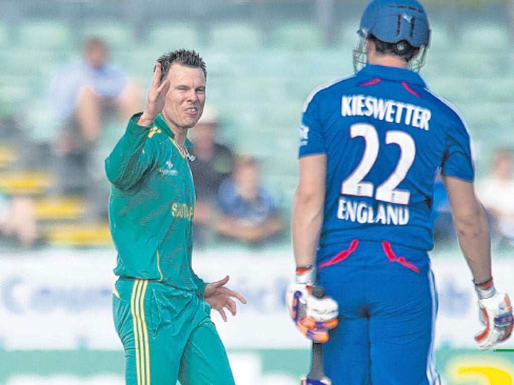 South Africa’s Johan Botha celebrates the wicket of England’s Craig Kieswetter