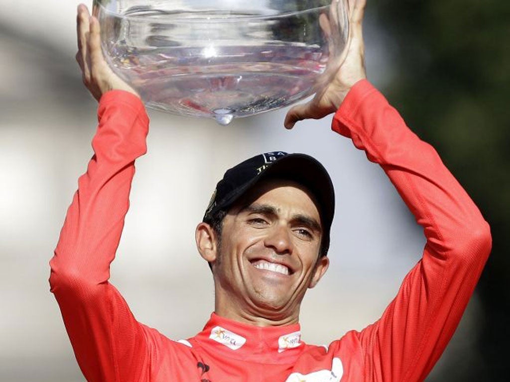 Alberto Contador celebrates his victory in the Tour of Spain