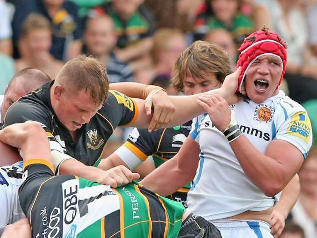 Dylan Hartley (left) and Exeter’s Tom Johnson get acquainted