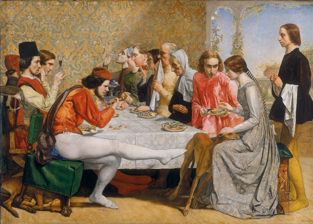 John Everett Millais, Isabella 1848-9: One Tate curator has uncovered a hidden image in the painting which shows a character in the foreground with what appears to be an erection. The sexual suggestion is produced by a shadow on the table.