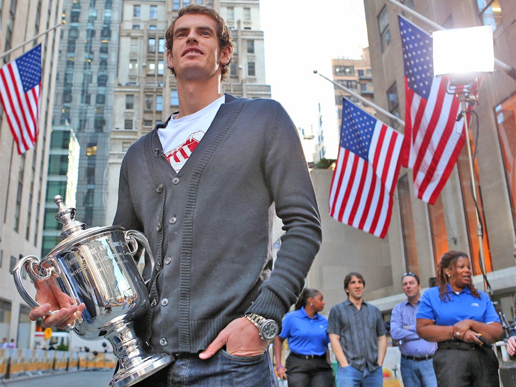 Andy Murray on tour with the US Open trophy in New York yesterday