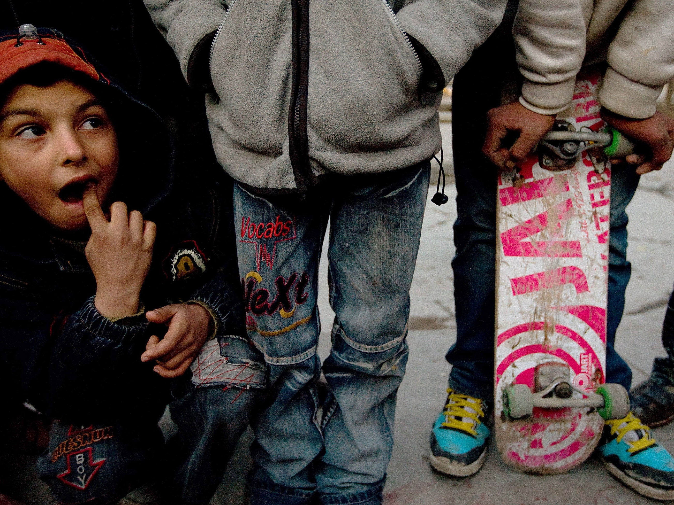 Afghan kids skateboard near their homes on February 01, 2009 in Kabul, Afghanistan.