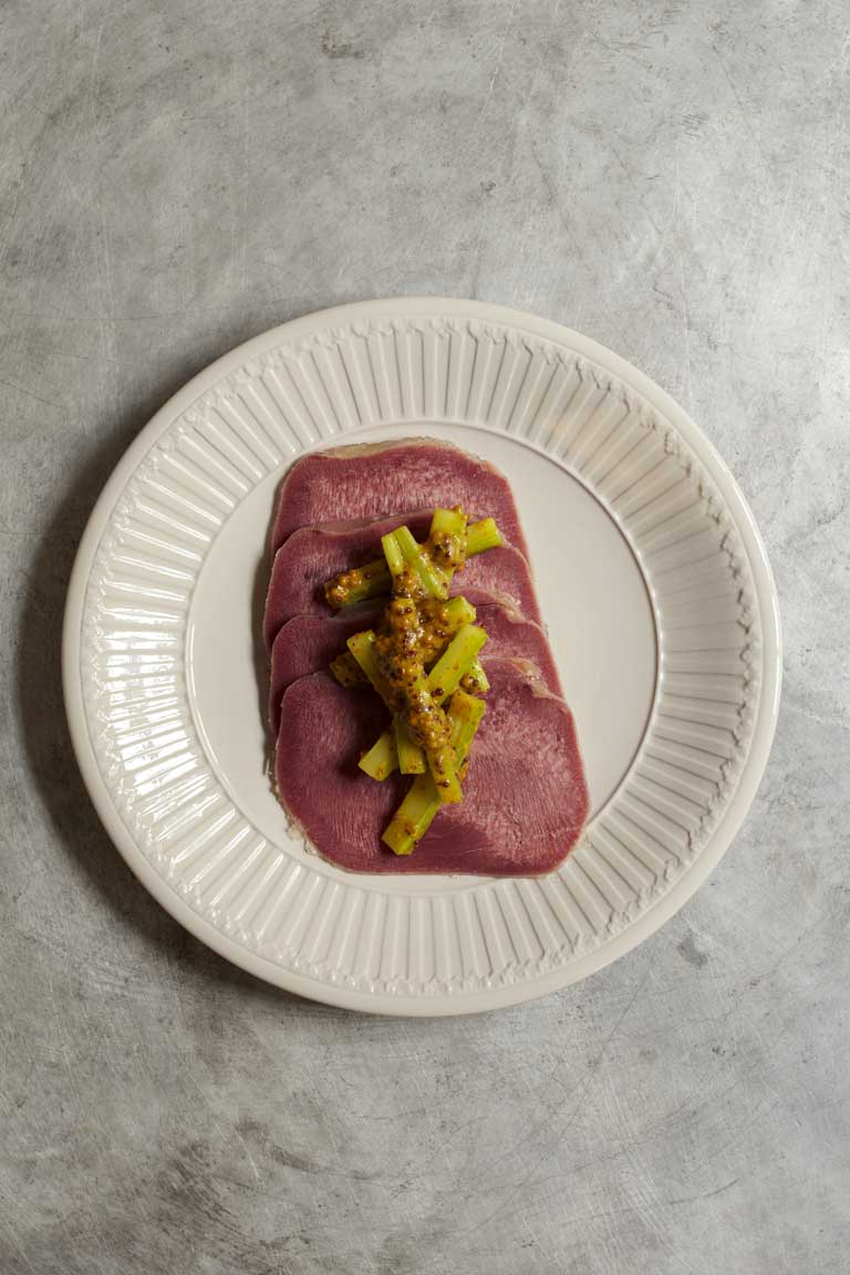 Cold ox tongue with celery and mustard