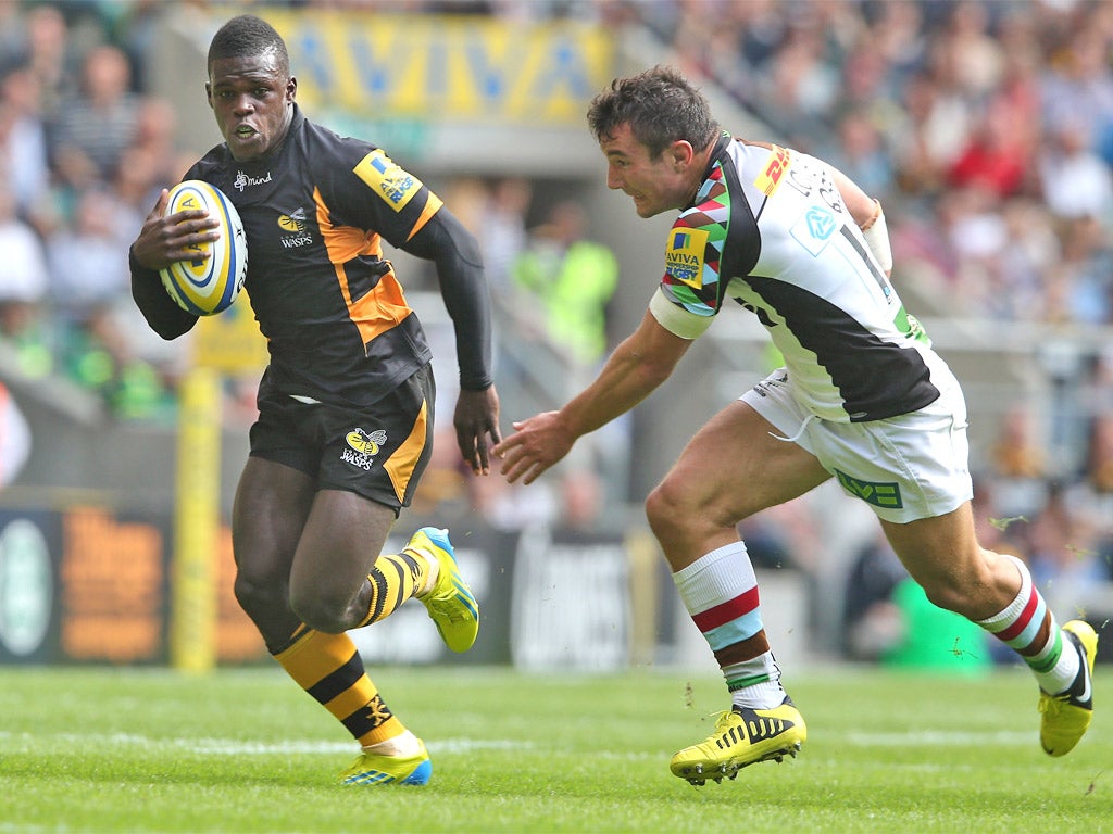 Wasps' Christian Wade breaks away to score a try. BT has grabbed the Premiership TV rights