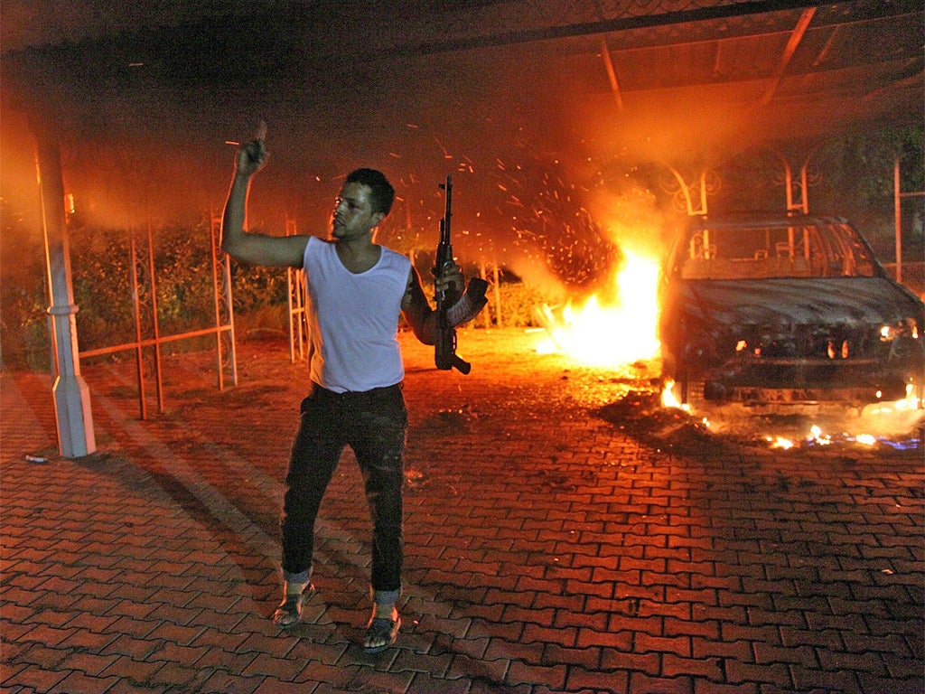 The US consulate on fire in Benghazi, Libya
