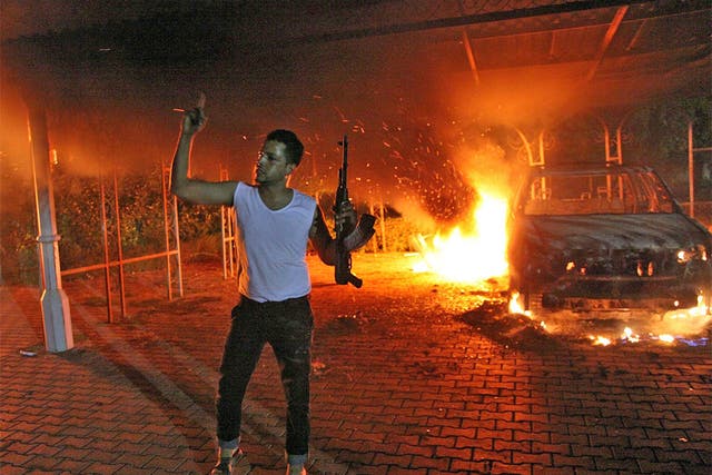 The US consulate on fire in Benghazi, Libya