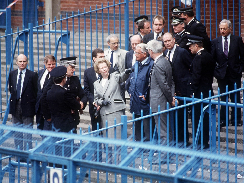 Margaret Thatcher visits the stadium at Hillsborough following the disaster