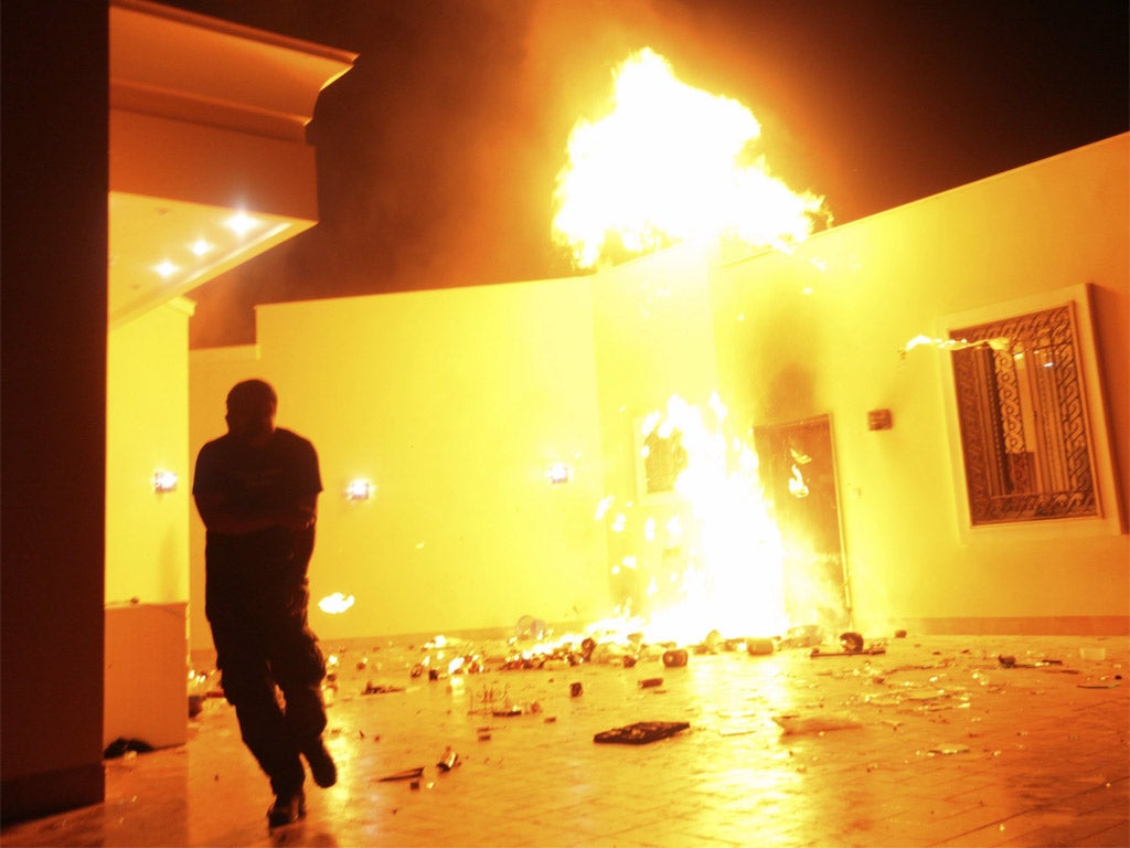 The US embassy in Benghazi in flames during Tuesday’s attack